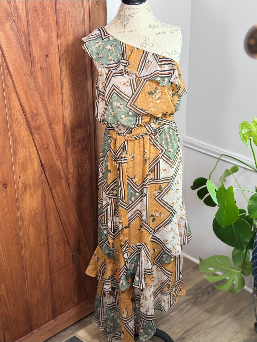lovestitch One-Shoulder Ruffle Geo Floral Maxi Dress - Mustard & Sage